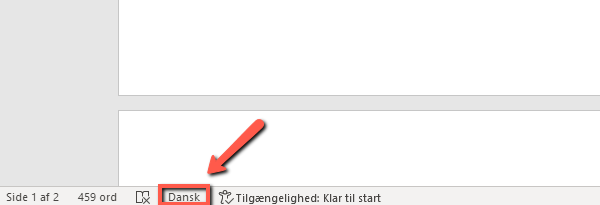 Den nederste proceslinje i Word, hvor brugeren kan klikke på sprog i proceslinjen og ændre sproget til eksempelvis dansk
